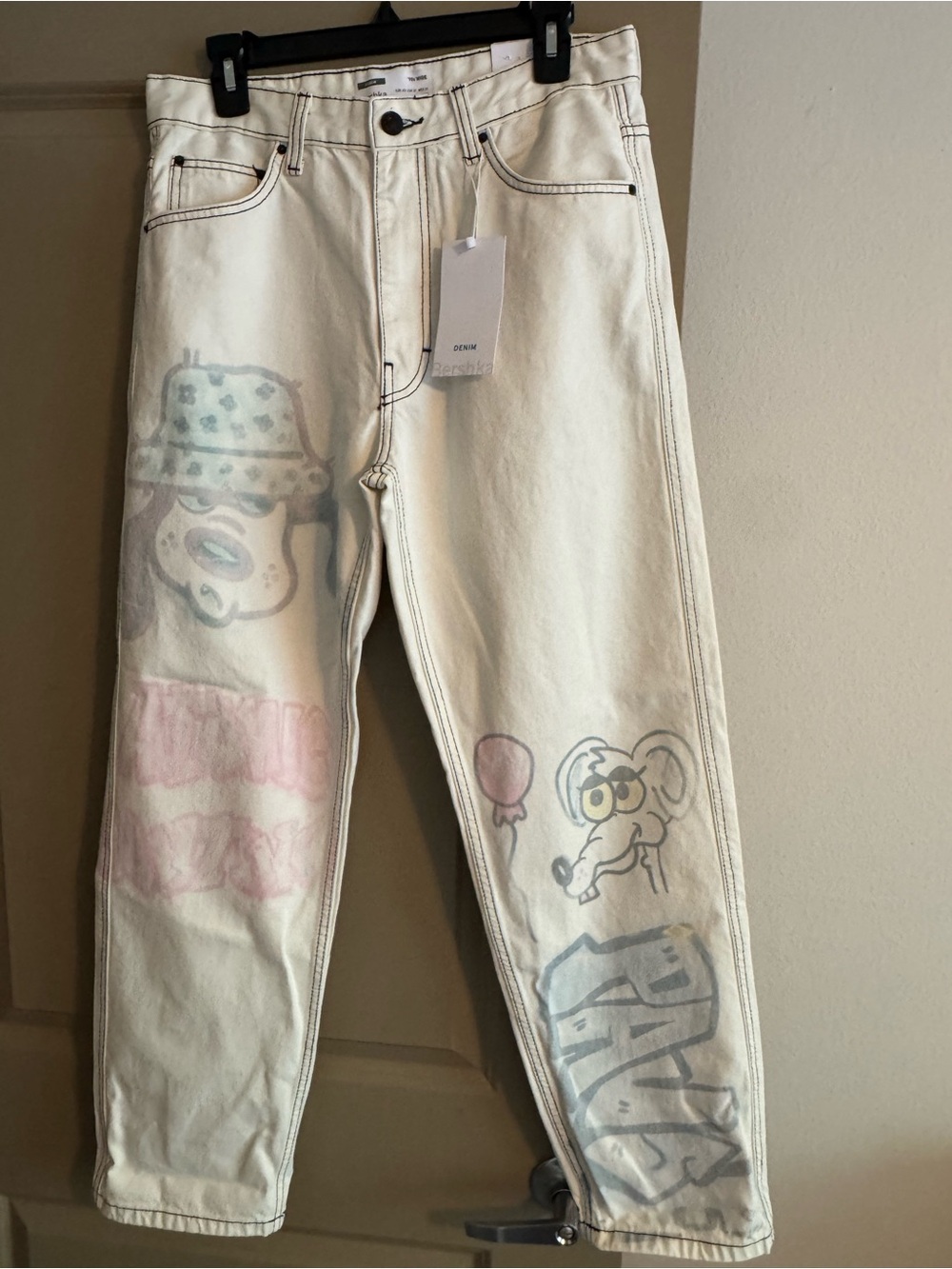 Bershka Cream Denim Jeans with Printed Tag Detail